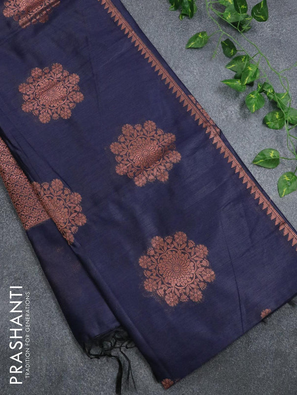 Banarasi cotton saree navy blue with copper zari woven buttas and piping border - {{ collection.title }} by Prashanti Sarees