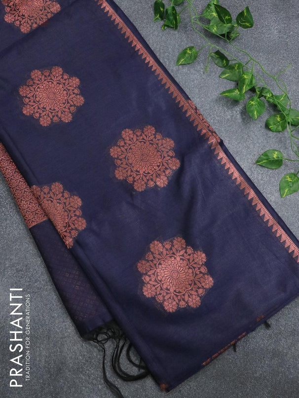 Banarasi cotton saree navy blue with copper zari woven buttas and piping border - {{ collection.title }} by Prashanti Sarees