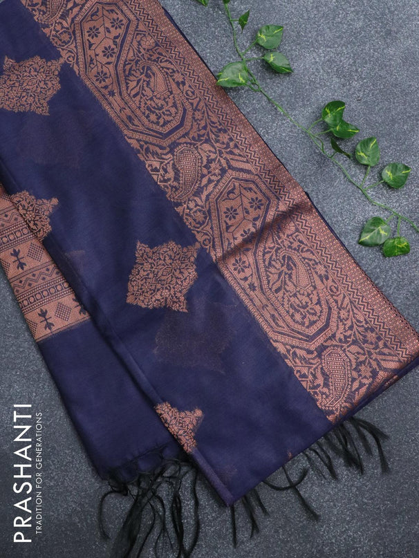 Banarasi cotton saree navy blue with copper zari woven buttas and piping border - {{ collection.title }} by Prashanti Sarees