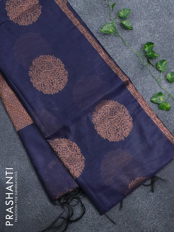 Banarasi cotton saree navy blue with copper zari woven buttas and piping border - {{ collection.title }} by Prashanti Sarees