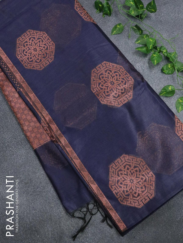 Banarasi cotton saree navy blue with copper zari woven buttas and piping border - {{ collection.title }} by Prashanti Sarees