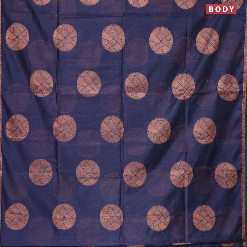 Banarasi cotton saree navy blue with copper zari woven buttas and piping border - {{ collection.title }} by Prashanti Sarees