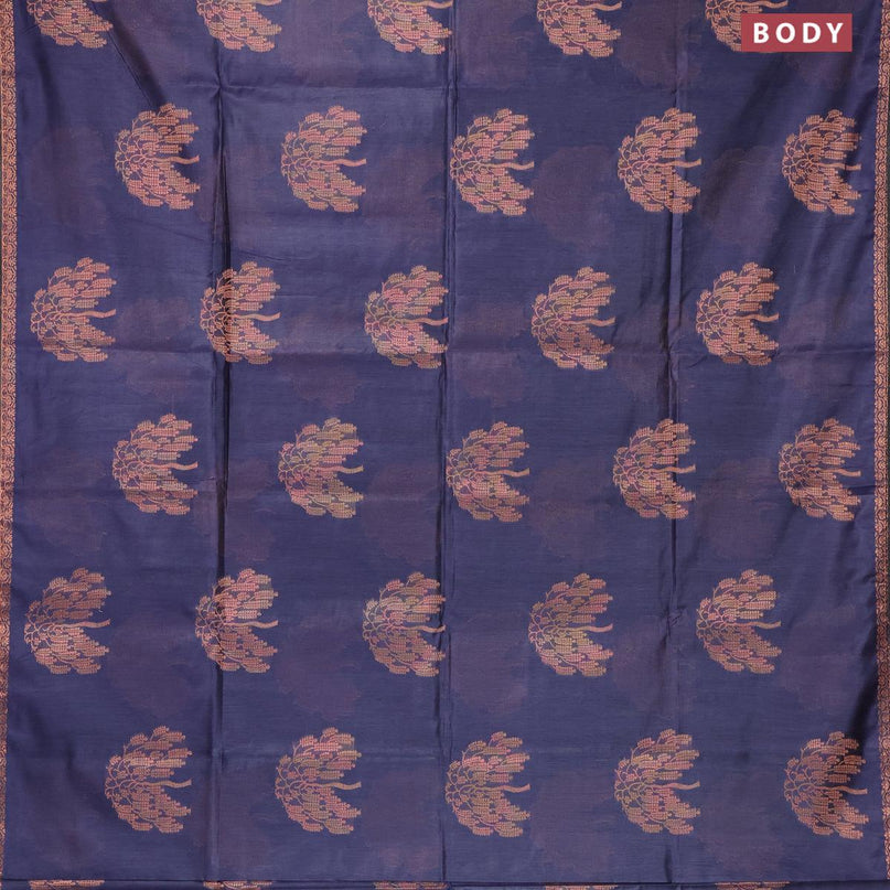 Banarasi cotton saree navy blue with copper zari woven buttas and piping border - {{ collection.title }} by Prashanti Sarees