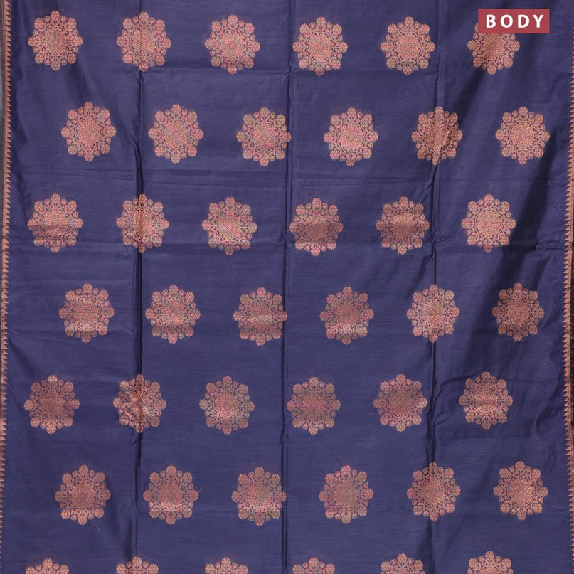 Banarasi cotton saree navy blue with copper zari woven buttas and piping border - {{ collection.title }} by Prashanti Sarees