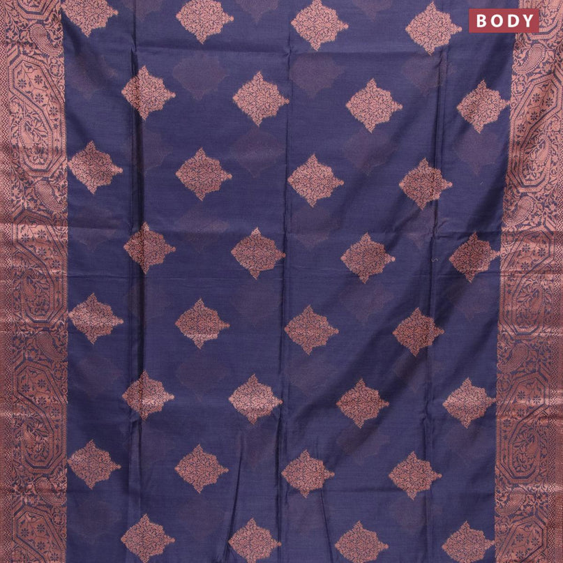 Banarasi cotton saree navy blue with copper zari woven buttas and piping border - {{ collection.title }} by Prashanti Sarees