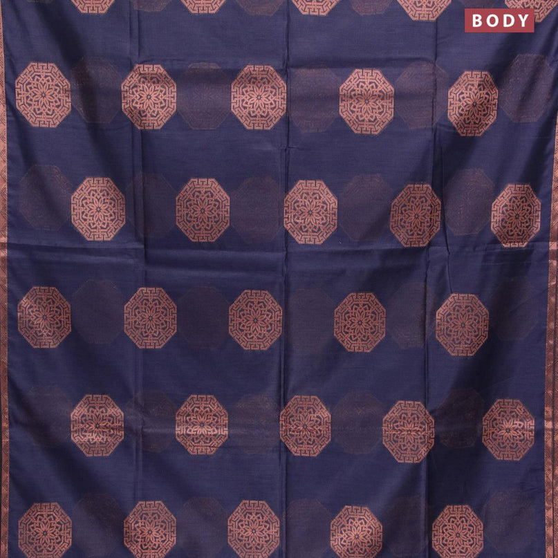 Banarasi cotton saree navy blue with copper zari woven buttas and piping border - {{ collection.title }} by Prashanti Sarees