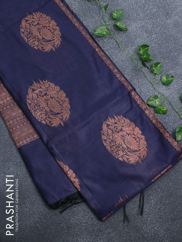 Banarasi cotton saree navy blue with copper zari woven floral buttas and piping border - {{ collection.title }} by Prashanti Sarees