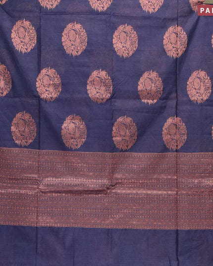 Banarasi cotton saree navy blue with copper zari woven floral buttas and piping border - {{ collection.title }} by Prashanti Sarees