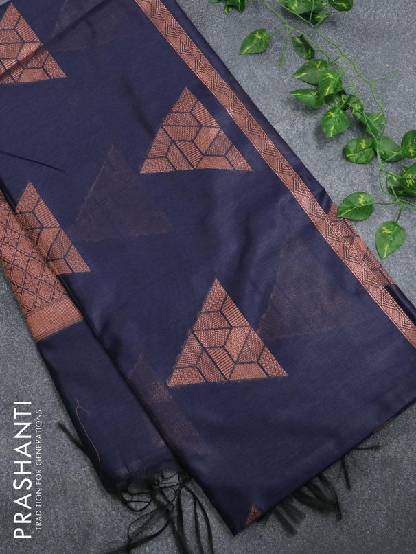 Banarasi cotton saree navy blue with copper zari woven geometric buttas and piping border - {{ collection.title }} by Prashanti Sarees