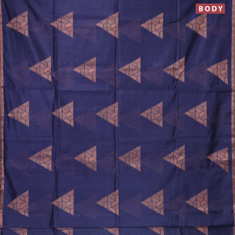 Banarasi cotton saree navy blue with copper zari woven geometric buttas and piping border - {{ collection.title }} by Prashanti Sarees