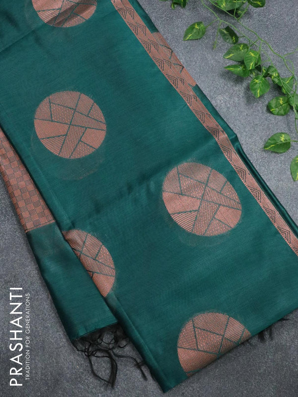 Banarasi cotton saree peacock green with copper zari woven buttas and piping border - {{ collection.title }} by Prashanti Sarees