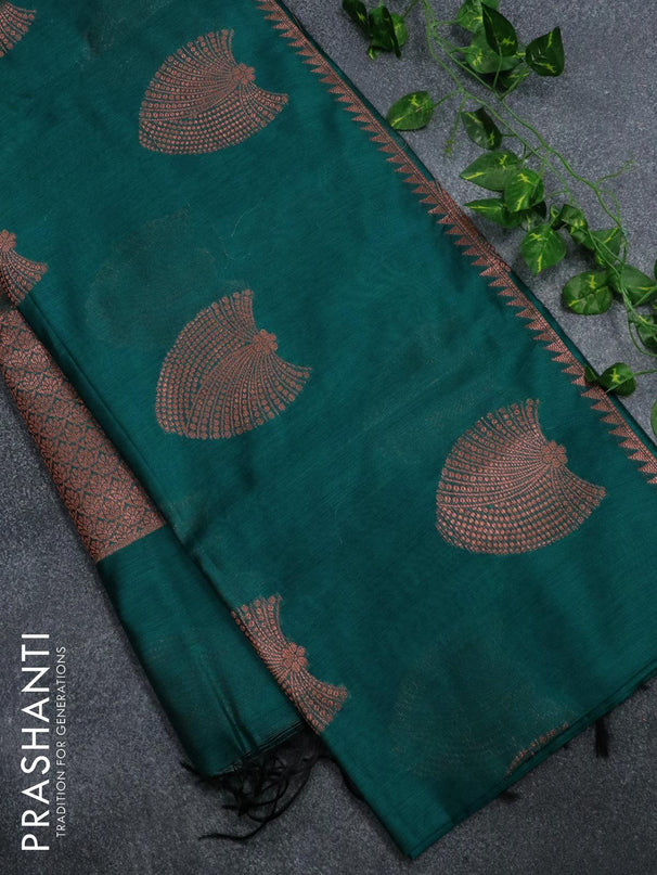 Banarasi cotton saree peacock green with copper zari woven buttas and piping border - {{ collection.title }} by Prashanti Sarees