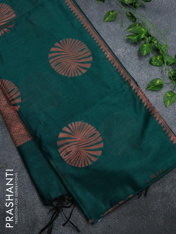 Banarasi cotton saree peacock green with copper zari woven buttas and piping border - {{ collection.title }} by Prashanti Sarees