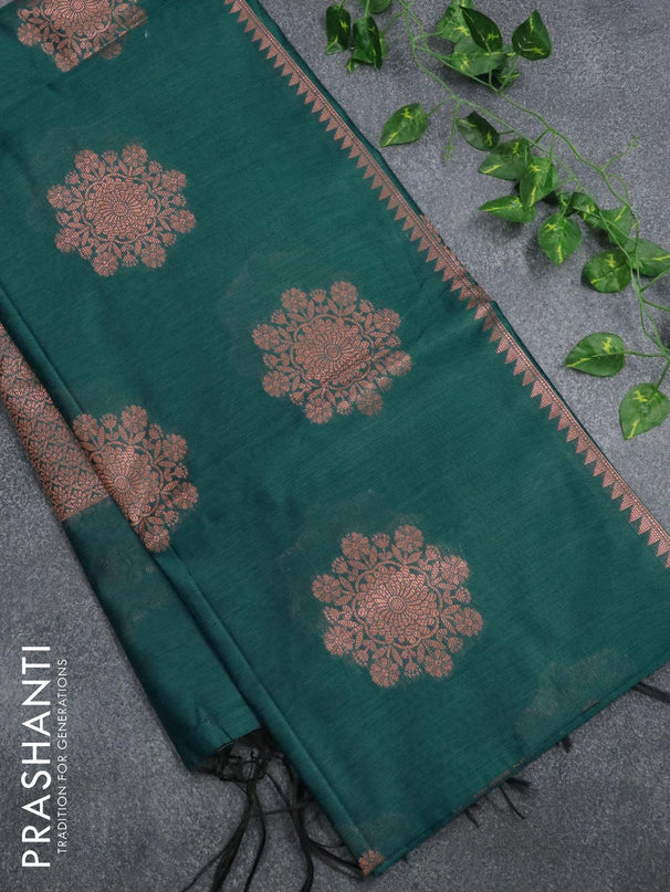 Banarasi cotton saree peacock green with copper zari woven buttas and piping border - {{ collection.title }} by Prashanti Sarees