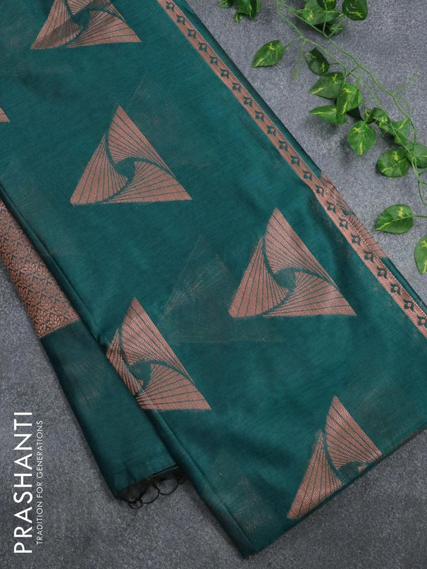 Banarasi cotton saree peacock green with copper zari woven buttas and piping border - {{ collection.title }} by Prashanti Sarees