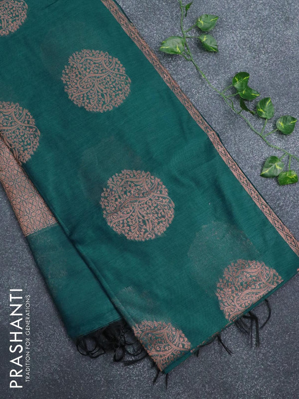 Banarasi cotton saree peacock green with copper zari woven buttas and piping border - {{ collection.title }} by Prashanti Sarees