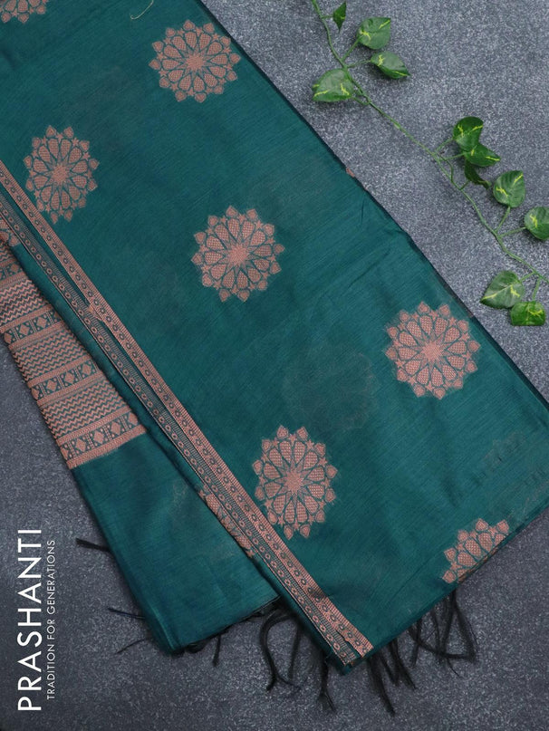 Banarasi cotton saree peacock green with copper zari woven buttas and piping border - {{ collection.title }} by Prashanti Sarees