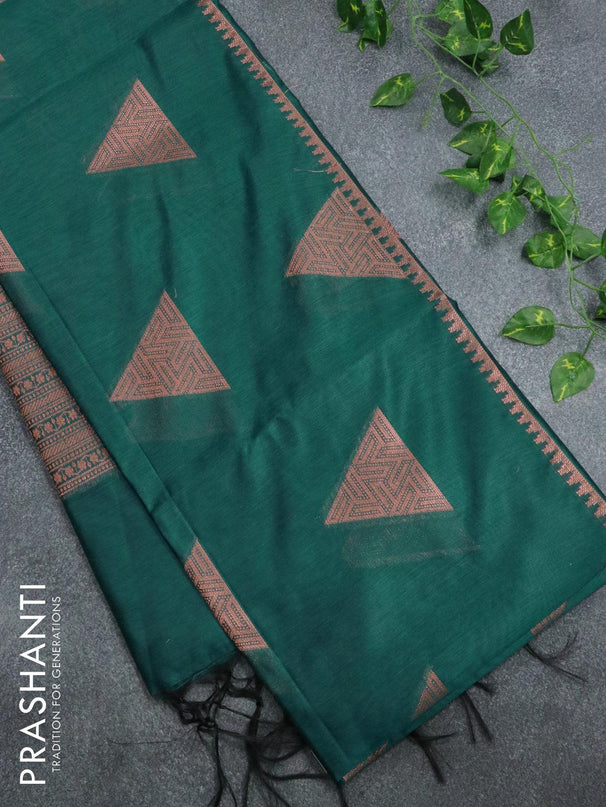 Banarasi cotton saree peacock green with copper zari woven geometric buttas and piping border - {{ collection.title }} by Prashanti Sarees