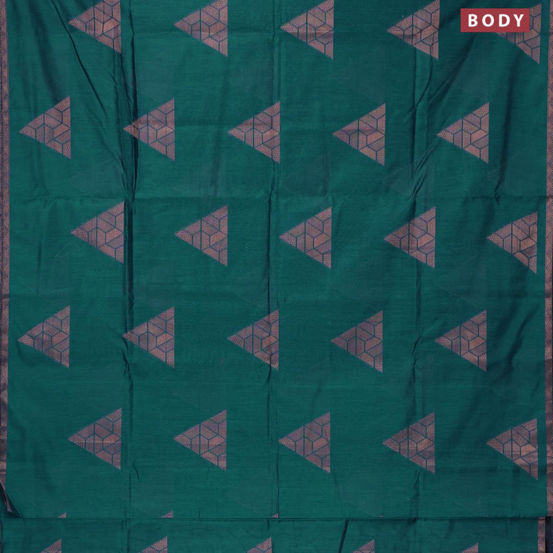 Banarasi cotton saree peacock green with copper zari woven geometric buttas and piping border - {{ collection.title }} by Prashanti Sarees