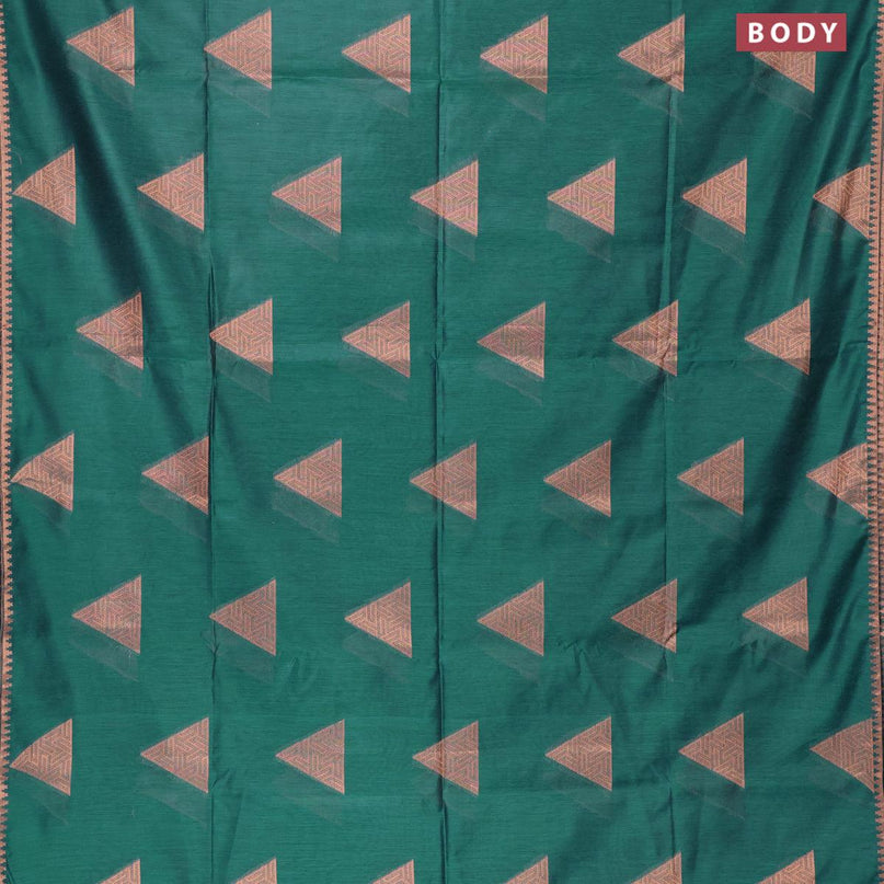 Banarasi cotton saree peacock green with copper zari woven geometric buttas and piping border - {{ collection.title }} by Prashanti Sarees