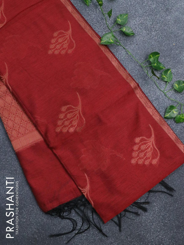 Banarasi cotton saree red with copper zari woven buttas and piping border - {{ collection.title }} by Prashanti Sarees