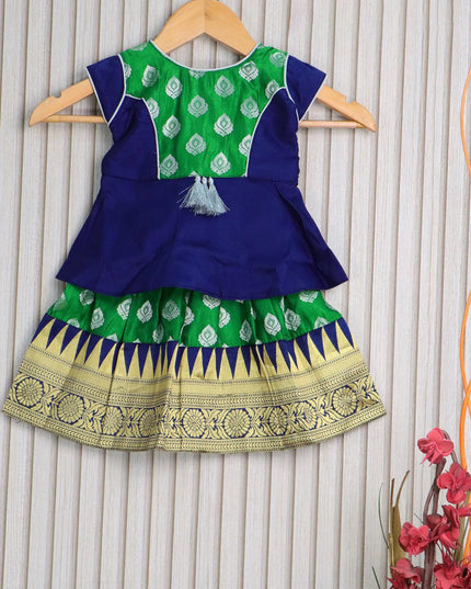 Banarasi kids lehanga blue and dark green with patch work neck pattern and butta weaves & temple design zari border for 0 year - {{ collection.title }} by Prashanti Sarees