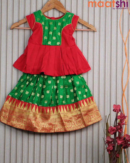 Banarasi kids lehanga red and green with patch work neck pattern and self emboss zari buttas & temple design zari border for 0 year - {{ collection.title }} by Prashanti Sarees
