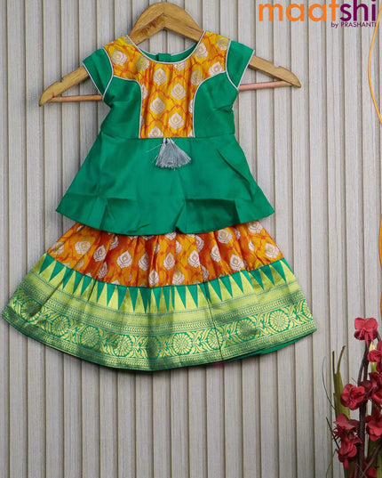 Banarasi kids lehanga teal green and mango yellow with patch work neck pattern and silver zari butta weaves & zari border for 0 year - {{ collection.title }} by Prashanti Sarees