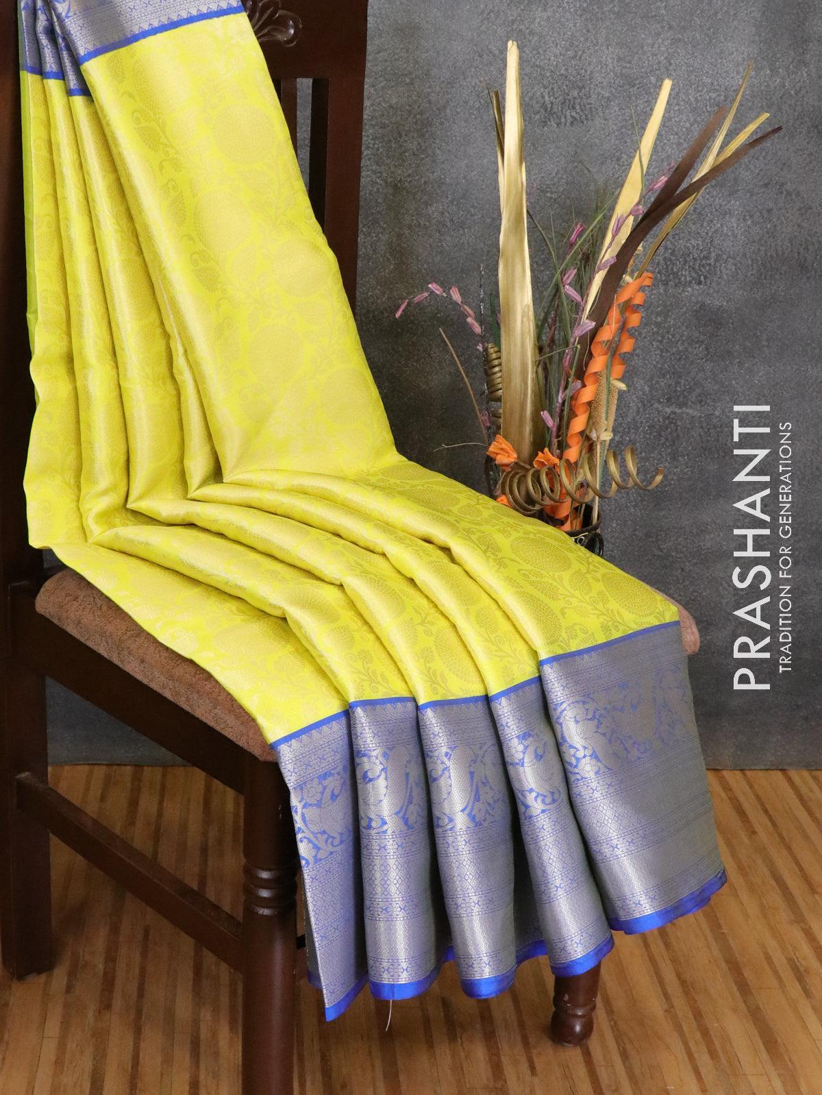 Silk cotton saree red and mustard yellow with plain body and silver za – Prashanti  Sarees