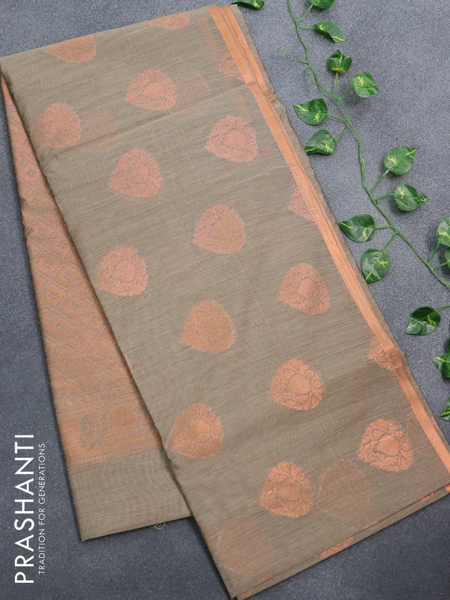 Banarasi semi cotton saree chikku shade with copper zari woven buttas and zari woven piping border - {{ collection.title }} by Prashanti Sarees