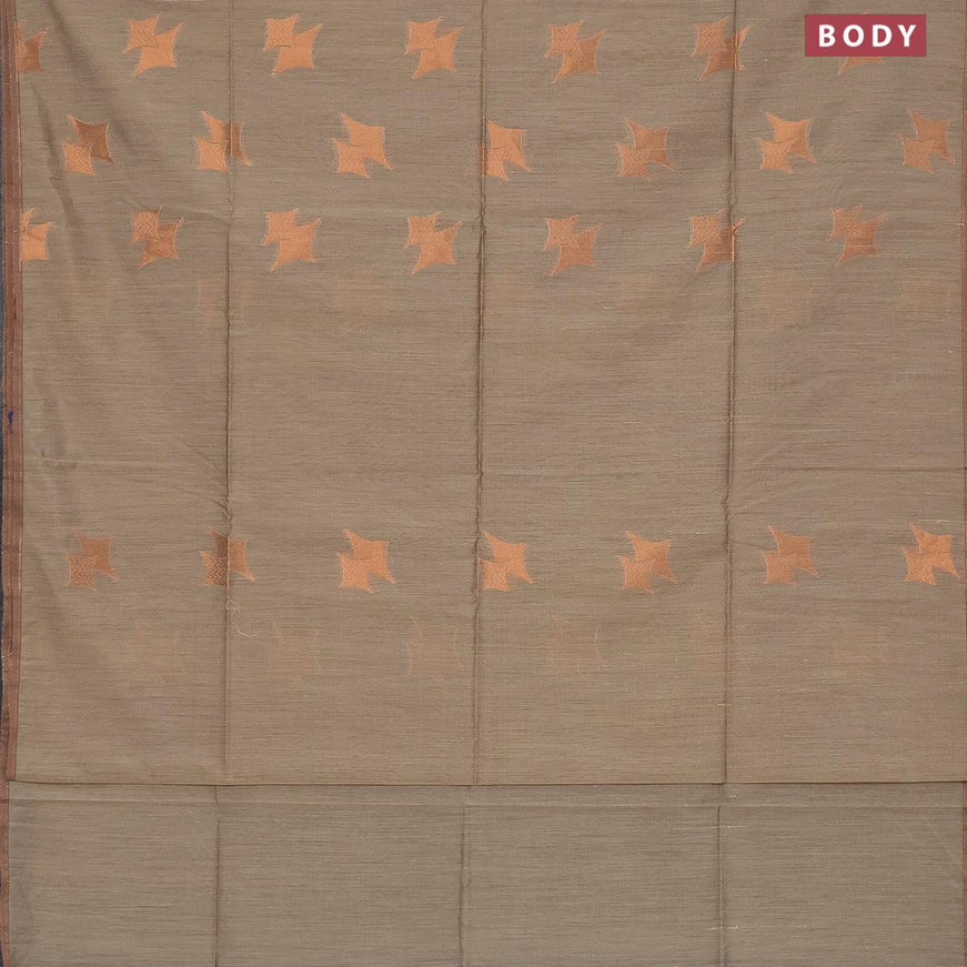 Banarasi semi cotton saree chikku shade with copper zari woven geometric buttas and piping zari woven border - {{ collection.title }} by Prashanti Sarees