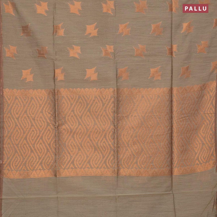 Banarasi semi cotton saree chikku shade with copper zari woven geometric buttas and piping zari woven border - {{ collection.title }} by Prashanti Sarees