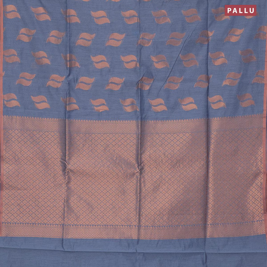 Banarasi semi cotton saree grey with copper zari woven buttas and zari woven piping border - {{ collection.title }} by Prashanti Sarees