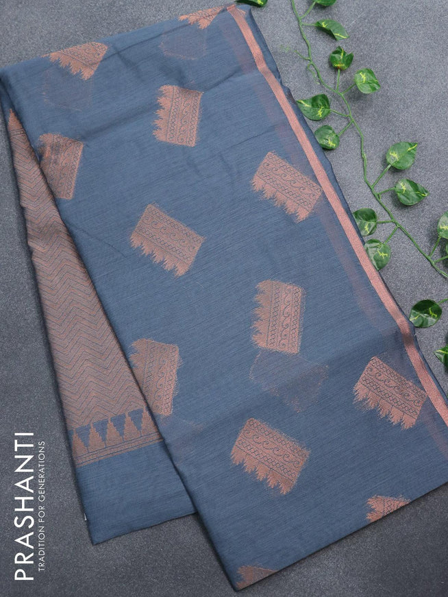 Banarasi semi cotton saree grey with geometric copper zari woven buttas and zari woven piping border - {{ collection.title }} by Prashanti Sarees