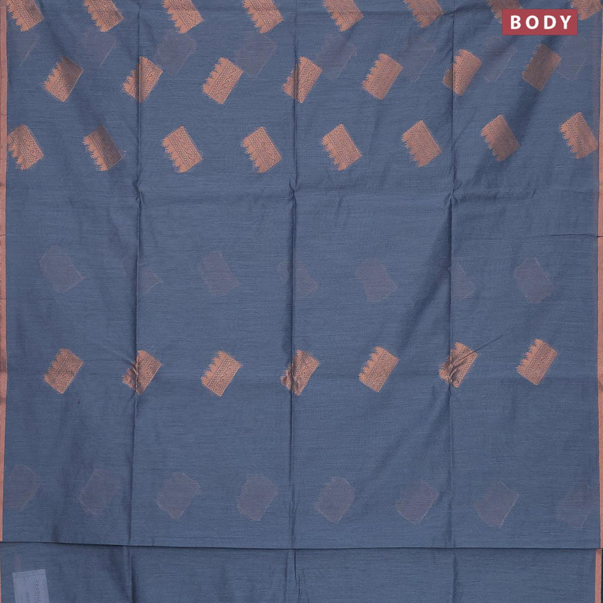 Banarasi semi cotton saree grey with geometric copper zari woven buttas and zari woven piping border - {{ collection.title }} by Prashanti Sarees