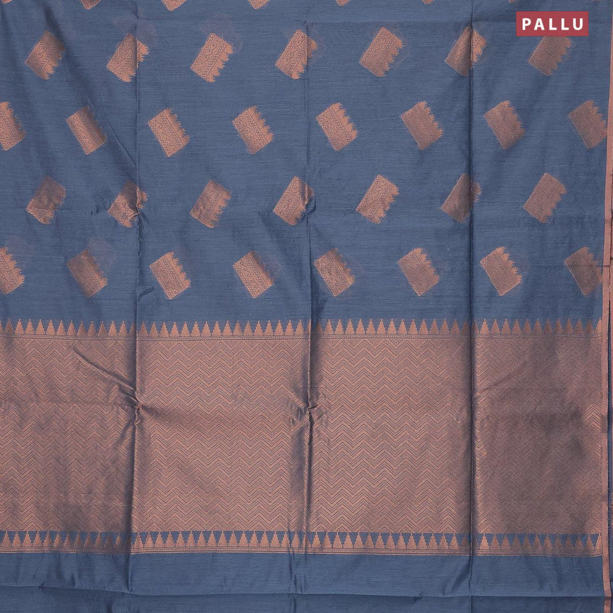 Banarasi semi cotton saree grey with geometric copper zari woven buttas and zari woven piping border - {{ collection.title }} by Prashanti Sarees