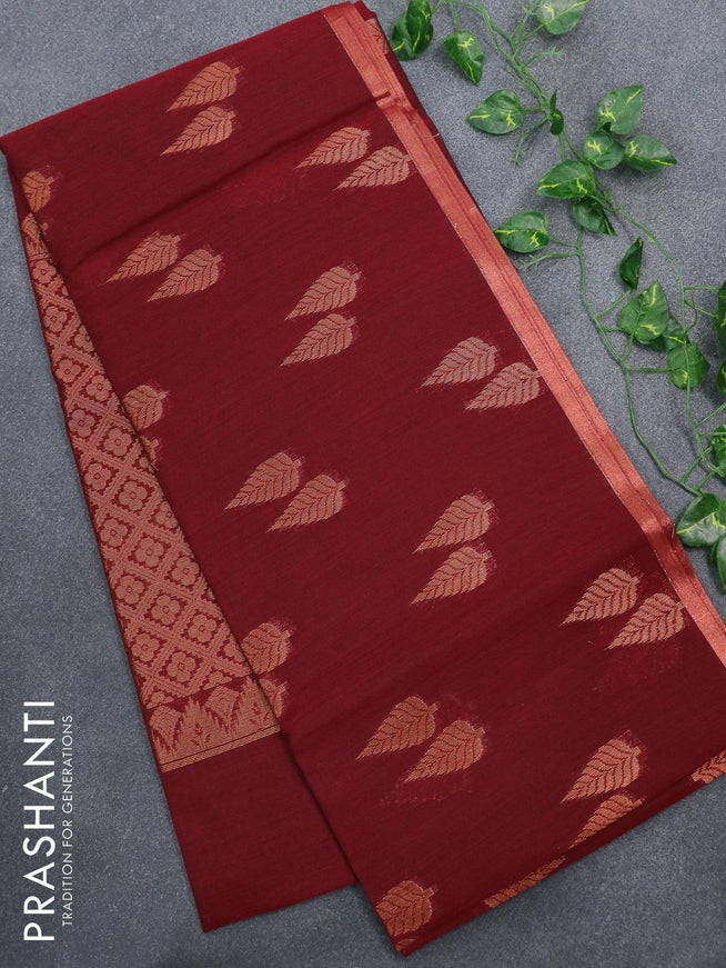 Banarasi semi cotton saree maroon with copper zari woven buttas and piping zari woven border - {{ collection.title }} by Prashanti Sarees