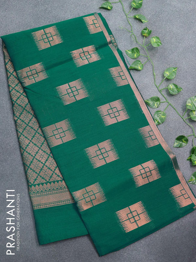 Banarasi semi cotton saree teal green with geometric copper zari woven buttas and zari woven piping border - {{ collection.title }} by Prashanti Sarees