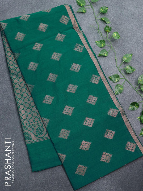 Banarasi semi cotton saree teal green with geometric copper zari woven buttas and zari woven piping border - {{ collection.title }} by Prashanti Sarees