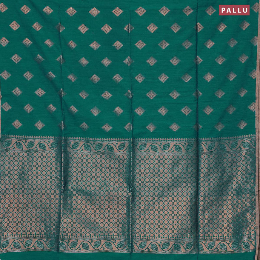 Banarasi semi cotton saree teal green with geometric copper zari woven buttas and zari woven piping border - {{ collection.title }} by Prashanti Sarees