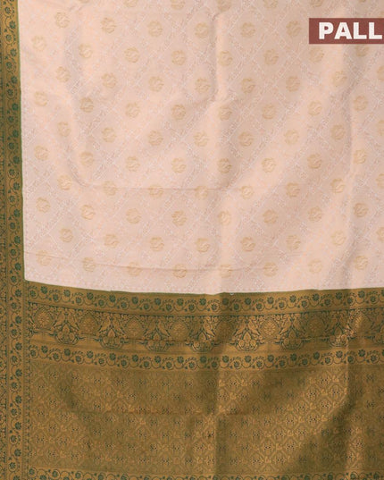 Banarasi semi silk saree cream and dark green with allover zari weaves and zari woven border - {{ collection.title }} by Prashanti Sarees