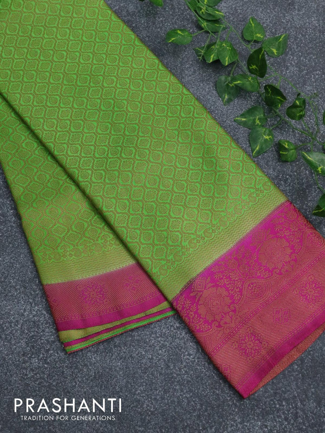 Banarasi semi silk saree green and magenta pink with allover zari weaves and zari woven border - {{ collection.title }} by Prashanti Sarees