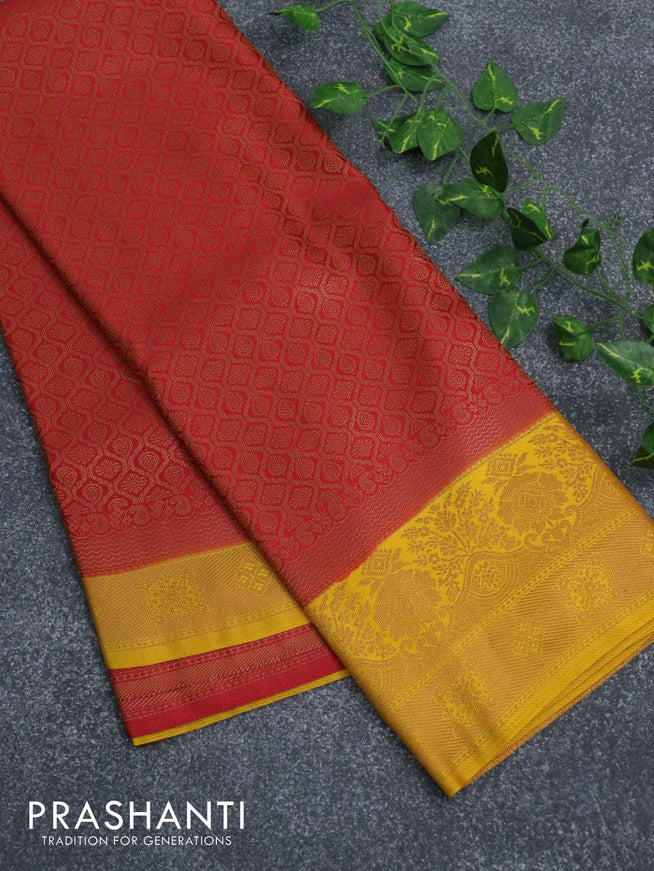 Banarasi semi silk saree red and yellow with allover zari weaves and zari woven border - {{ collection.title }} by Prashanti Sarees