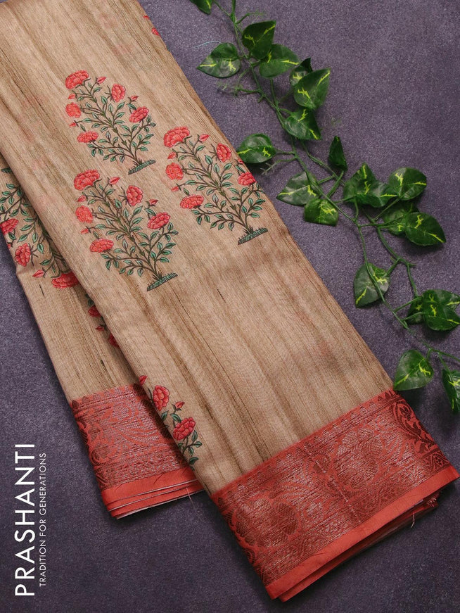 Chappa saree beige and dark peach with floral butta prints and banarasi style border - {{ collection.title }} by Prashanti Sarees