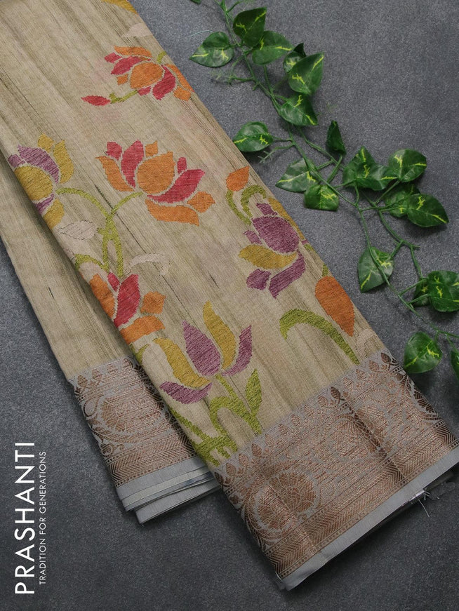 Chappa saree beige and grey with allover floral prints and banarasi style border - {{ collection.title }} by Prashanti Sarees