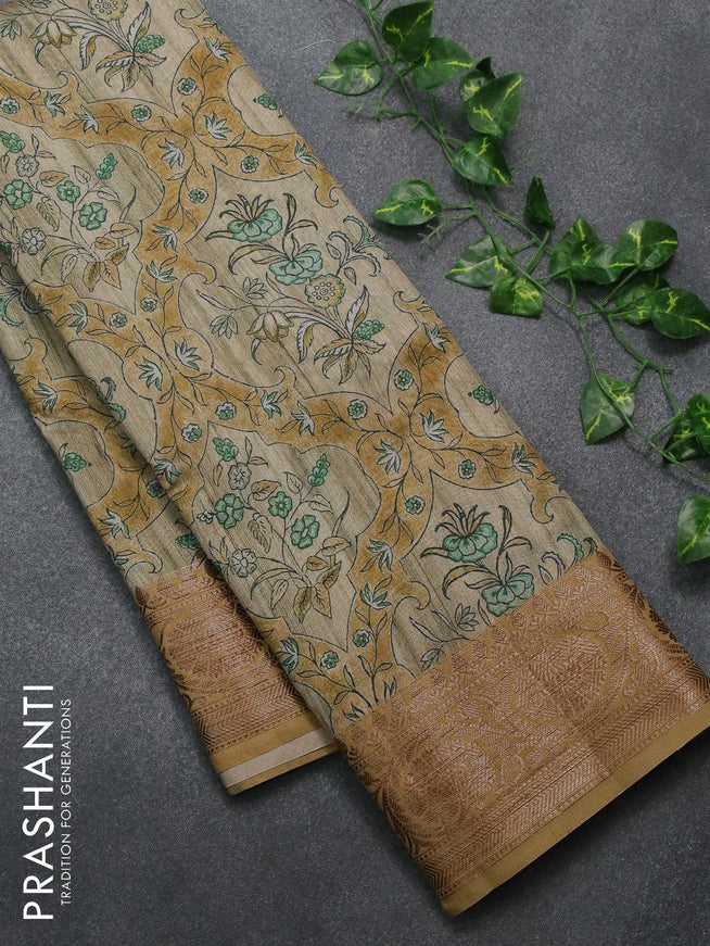 Chappa saree beige and khaki shade with allover floral prints and banarasi style border - {{ collection.title }} by Prashanti Sarees