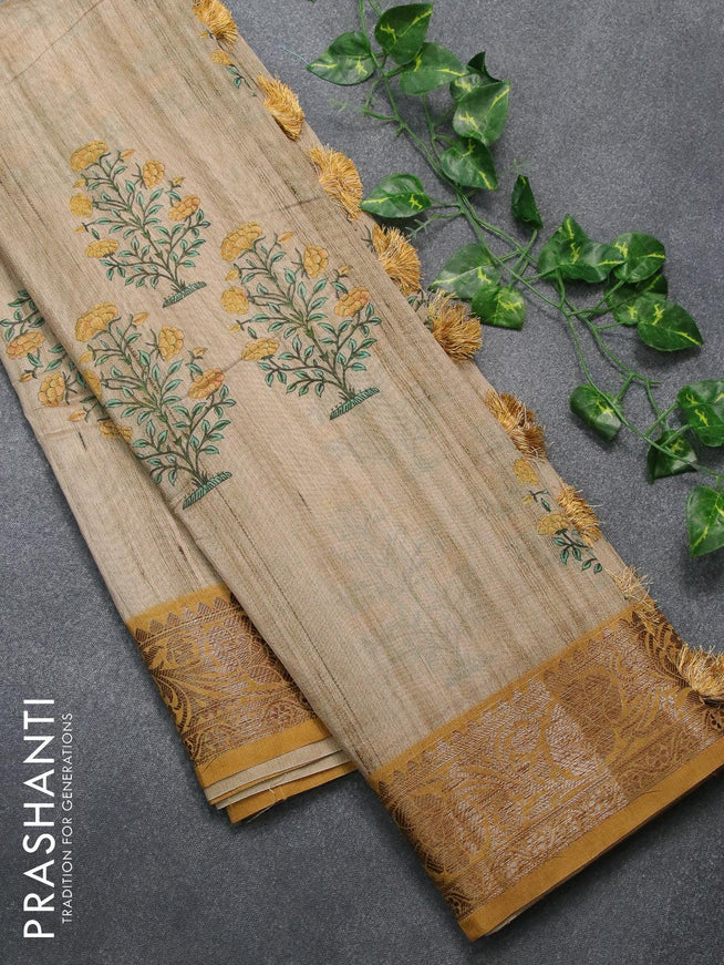 Chappa saree beige and mustard yellow with floral butta prints and banarasi style border - {{ collection.title }} by Prashanti Sarees