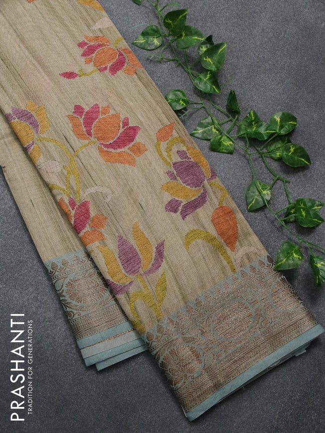 Chappa saree beige and pastel blue with allover floral prints and banarasi style border - {{ collection.title }} by Prashanti Sarees