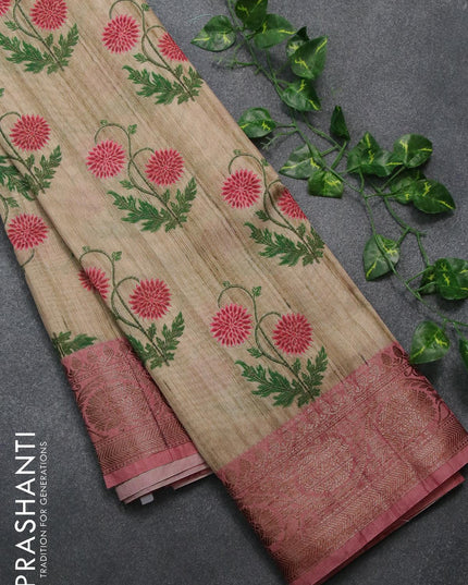Chappa saree beige and peach pink with allover floral prints and banarasi style border - {{ collection.title }} by Prashanti Sarees