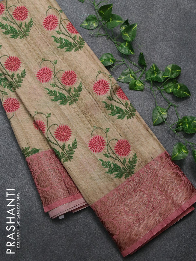 Chappa saree beige and peach pink with allover floral prints and banarasi style border - {{ collection.title }} by Prashanti Sarees